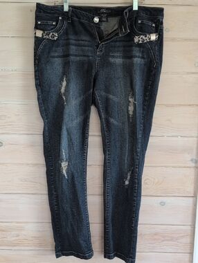 Midnight Velvet Distressed Jeans, Edgy Snake-Print Loops & Rhinestone Accents